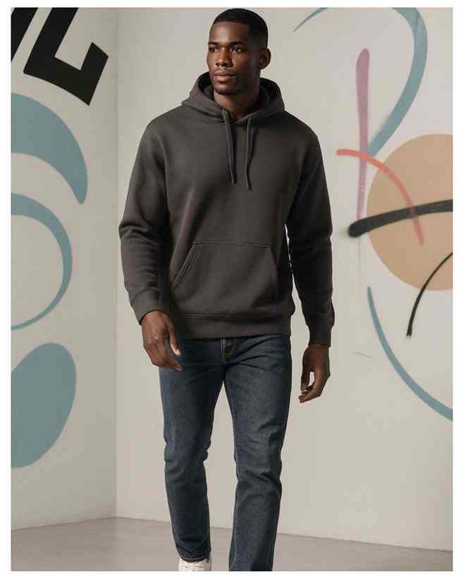 Model wearing the Standex charcoal heavyweight hoodie